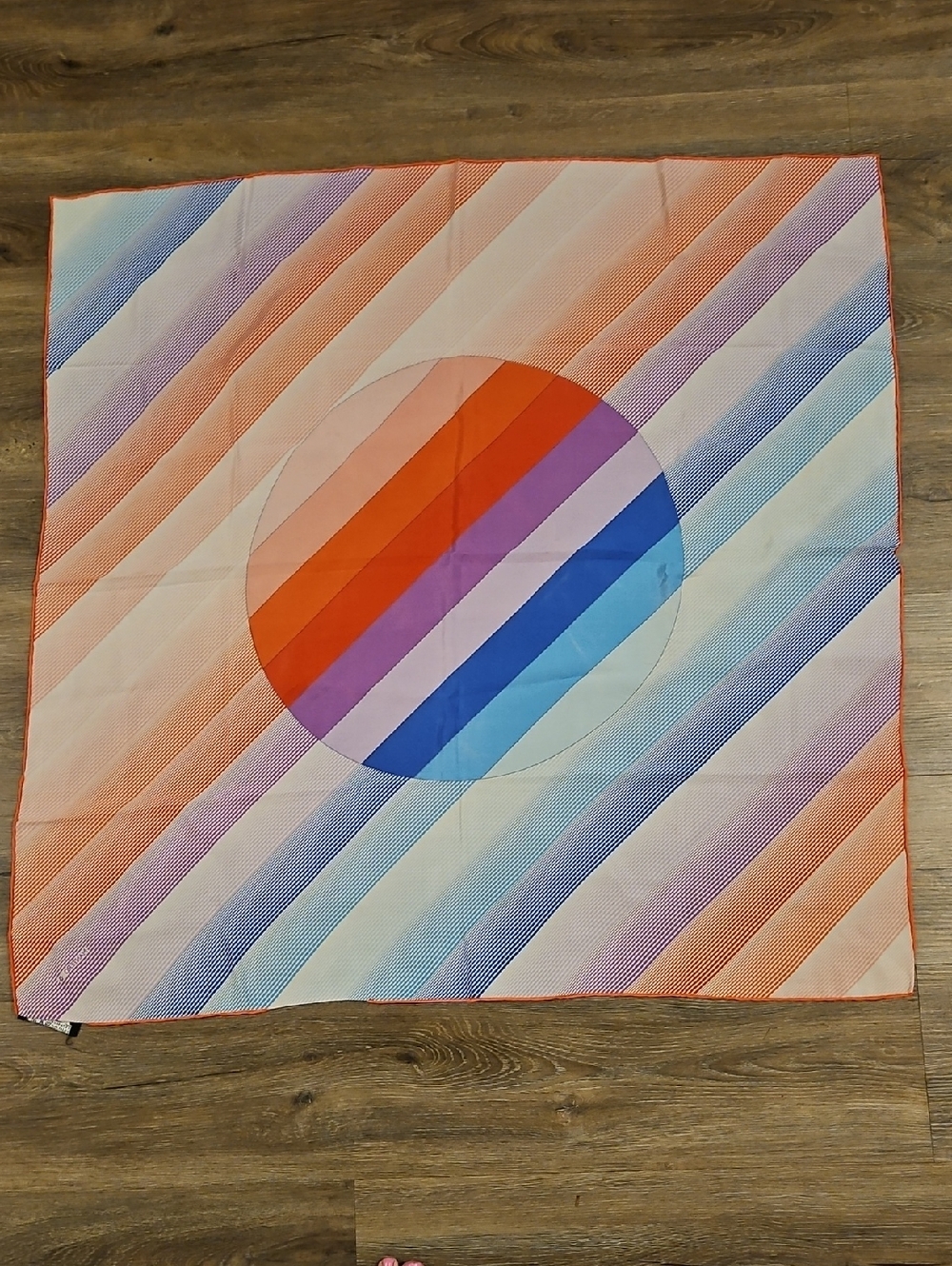 Vintage Montero Silk Multicolor Striped Square Scarf with Central Circle